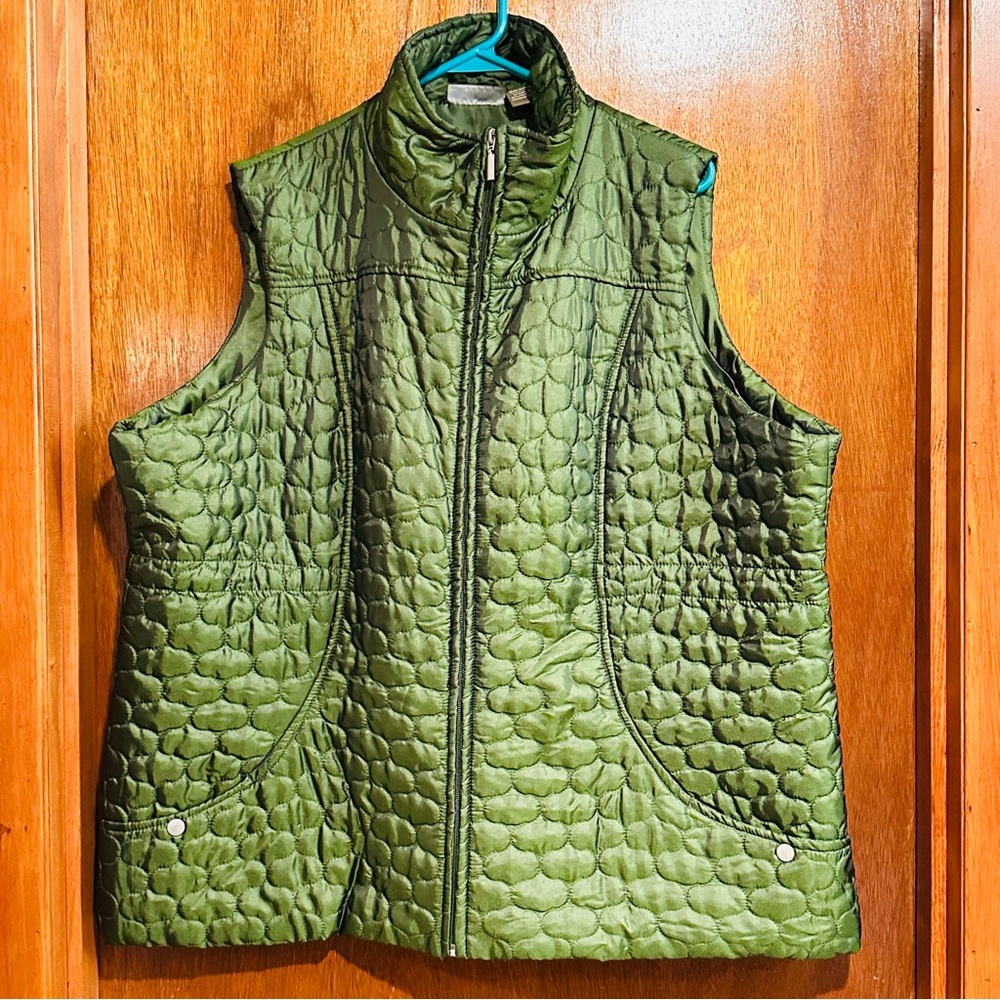 Women’s Plus 2X Jane Ashley Lime Olive Vest Full Zip Quilted Geometric Print